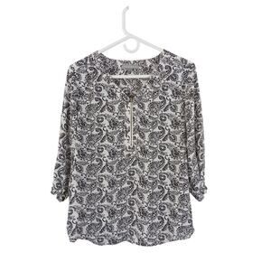 NY Collection Women's Petite Large Paisley Print Zipper 3/4 Sleeve Blouse Top